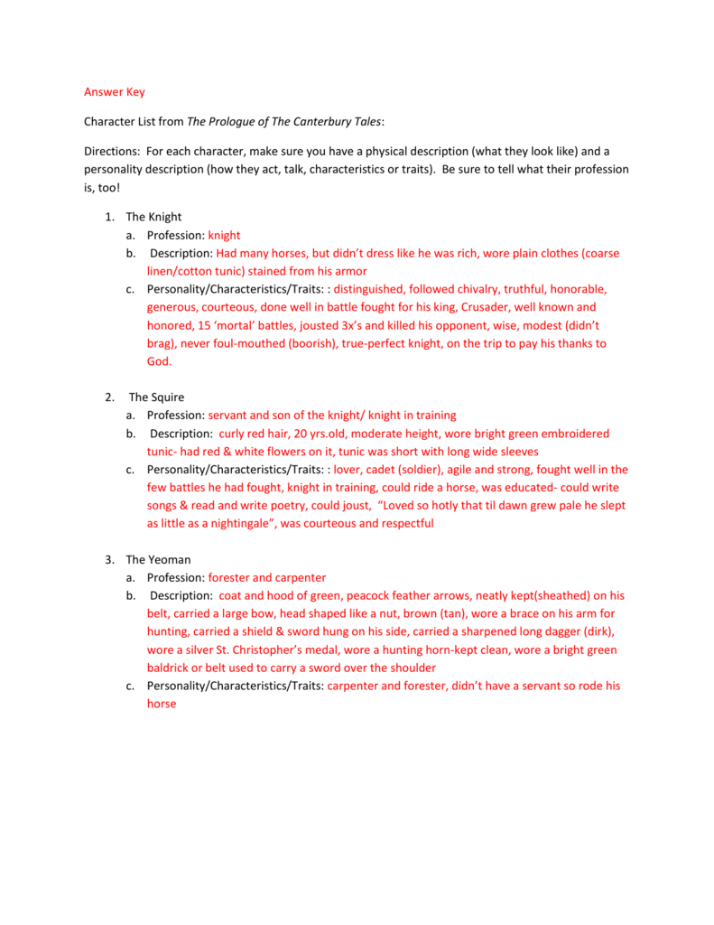 The Canterbury Tales Character Analysis Chart Answers