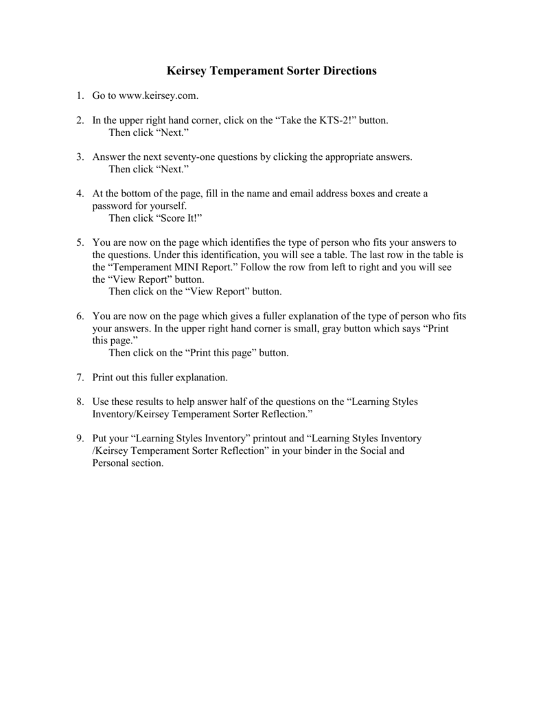  Keirsey Temperament Sorter Scoring Review Of The Keirsey Temperament