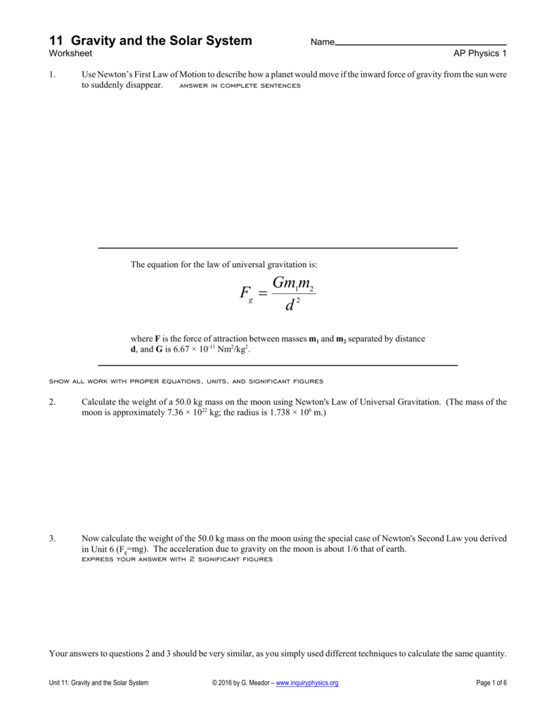 UNIVERSAL GRAVITATION Worksheet (and Quiz) Inside Universal Gravitation Worksheet Answers