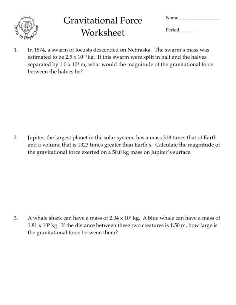 Gravitational Force Worksheet
