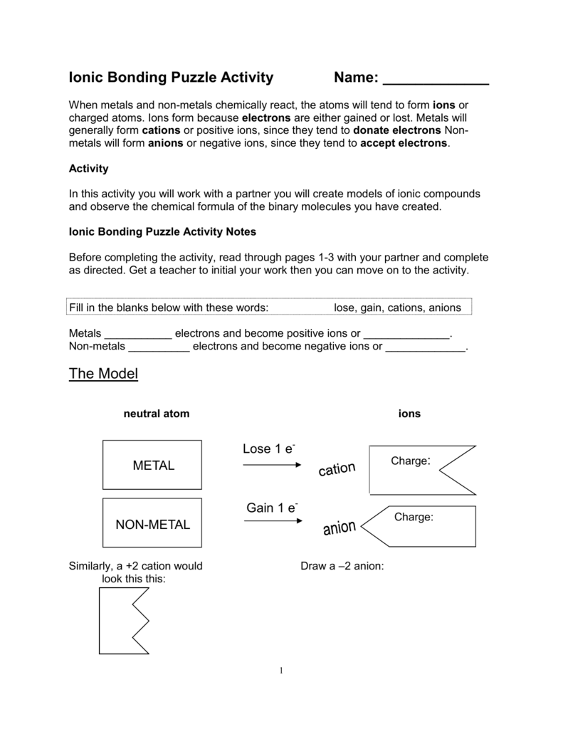 Ionic Bonding Puzzle Activity Intended For Ionic Bonding Worksheet Key