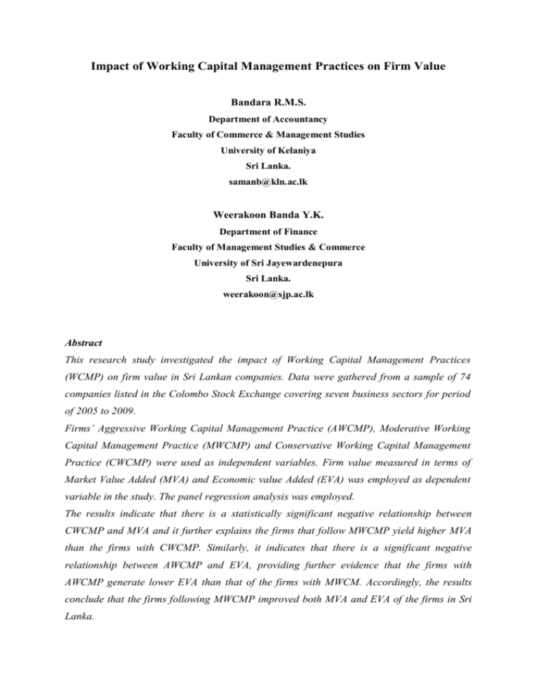 Impact Of Working Capital Management Practices On Firm Value