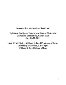 Introduction to American Tort Law Syllabus, Outline of Course and