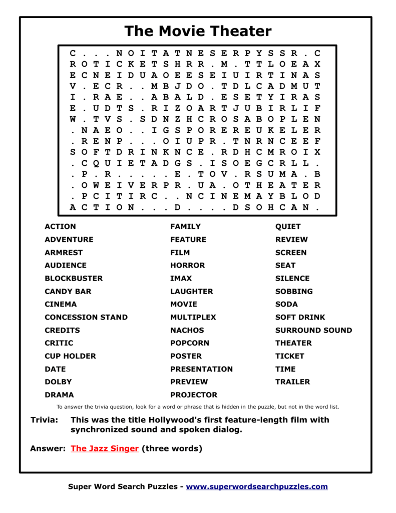 The Movie Theater Word Search Puzzles