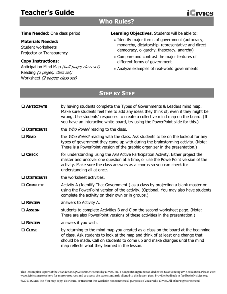 Who Rules? - Department of Social Sciences Inside Types Of Government Worksheet Answers