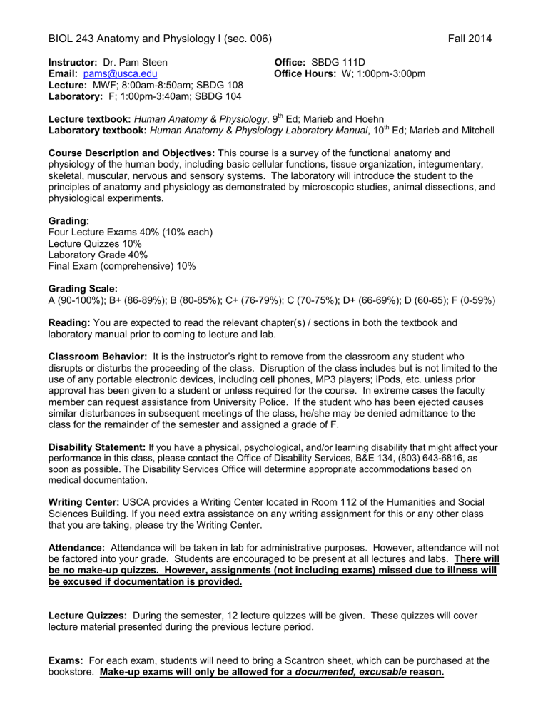 BIOL 243 Anatomy & Physiology I (Sec 6, Steen)