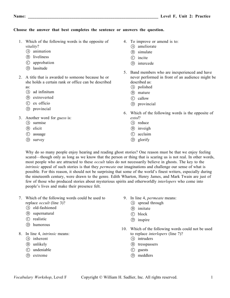 8+ Vocab Level F Unit 2 Answers SherrolCassius