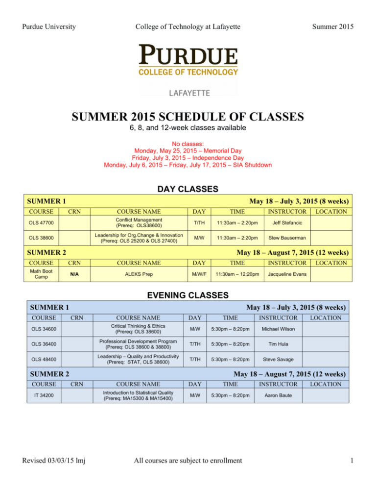 summer 2015 schedule of classes