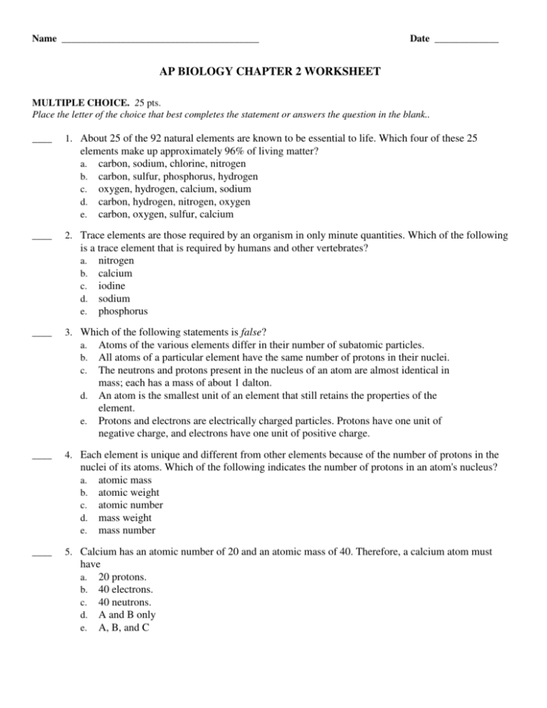 ExamView AP Biology Chapter 2 Worksheet 2015 tst
