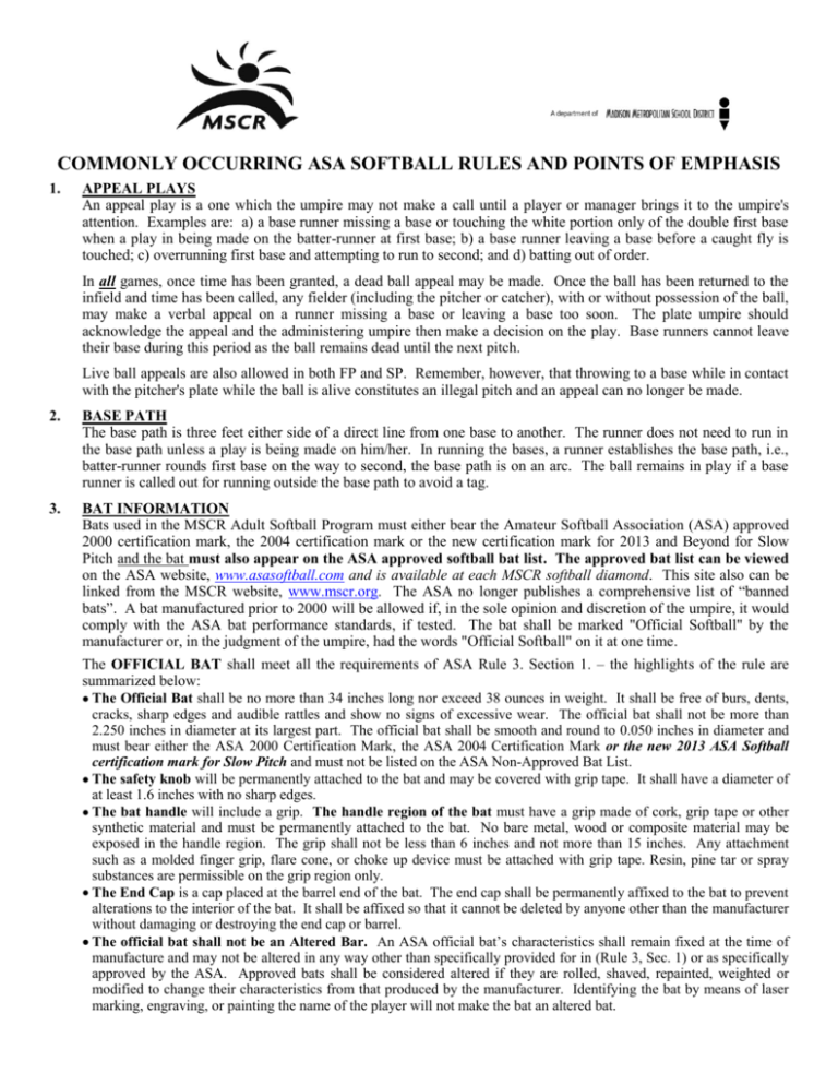 Commonly Occurring Asa Softball Rules And Points Of Emphasis