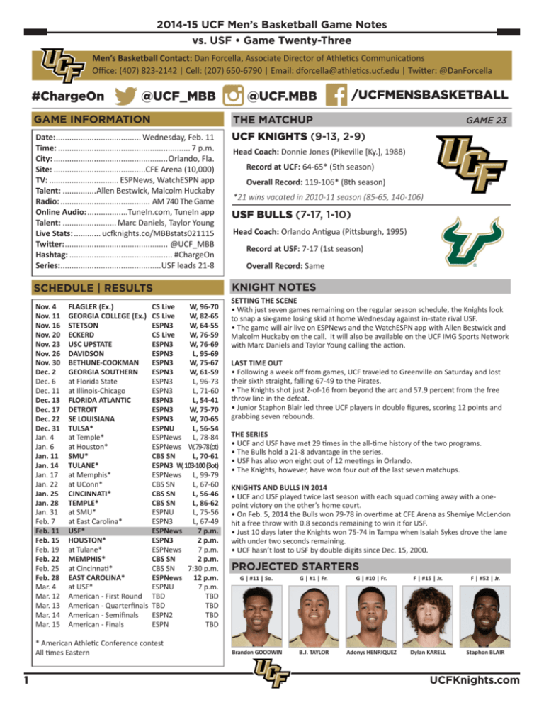 UCF Game Notes GoUSFBulls