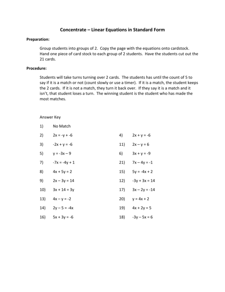 Concentrate Linear Equations In Standard Form