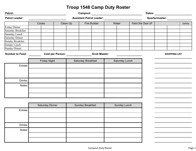 Campout Duty Roster Boy Scouts Of America