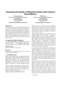 Assessing the Quality of Wikipedia Articles with Lifecycle Based