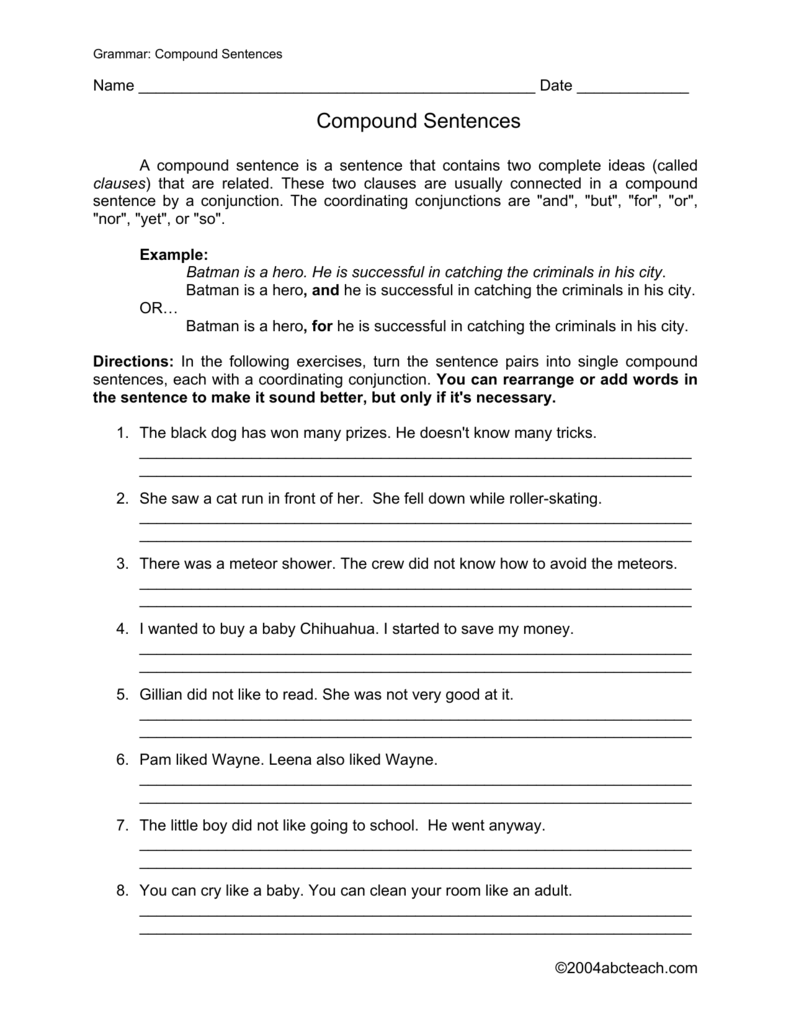 Compound Sentences With Regard To Compound Sentences Worksheet With Answers