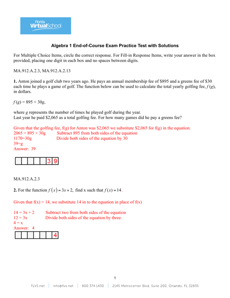 Algebra 1 EndofCourse Exam Practice Test with Solutions For