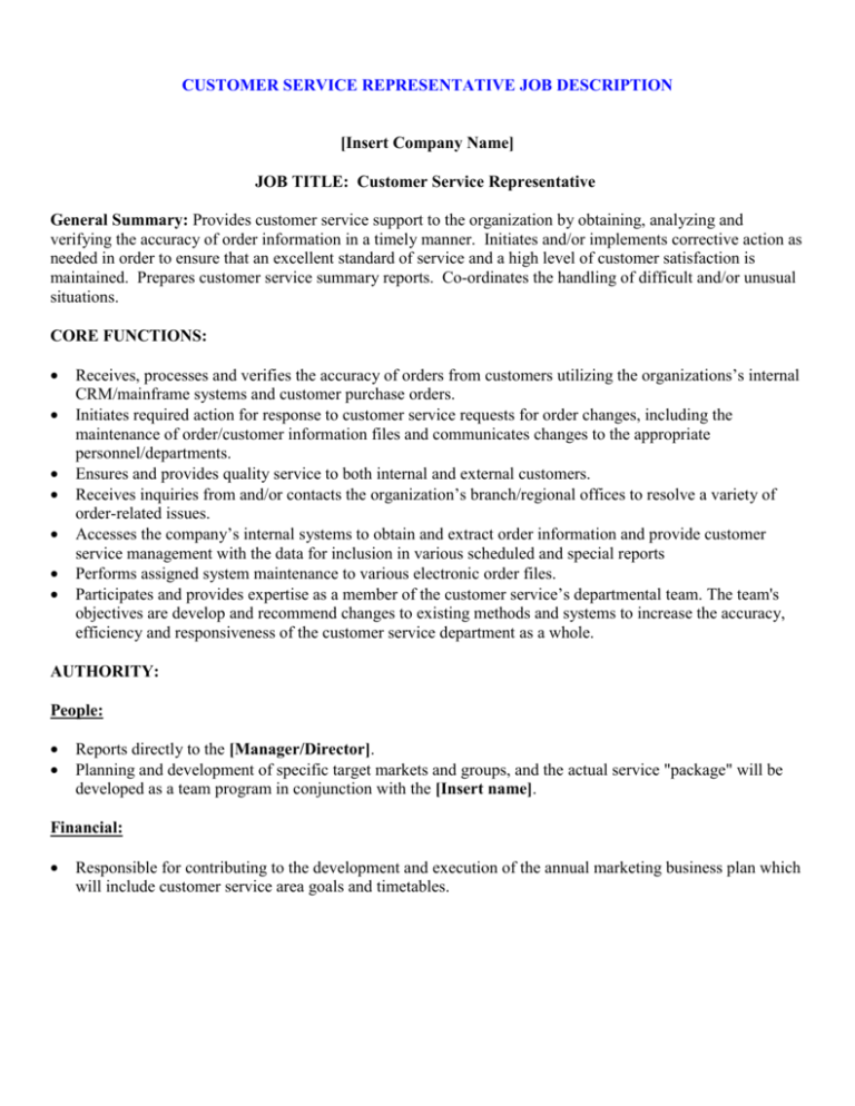 Customer Service Representative Job Description Template