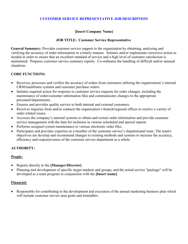 Customer Service Representative Job Description