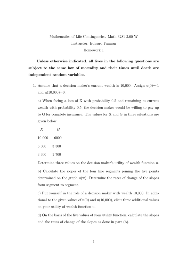 Mathematics Of Life Contingencies Math 3281 3 00 W Instructor