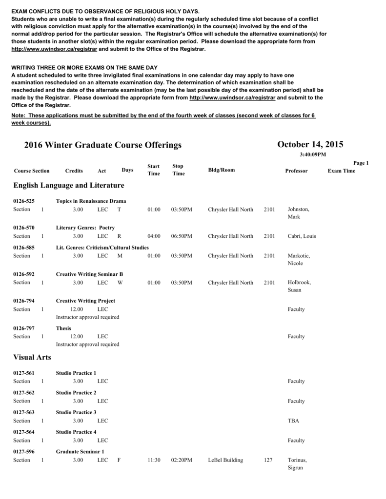 SRS Course Timetable University of Windsor