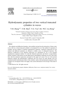 Hydrodynamic properties of two vertical truncated cylinders in waves
