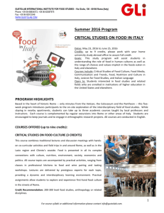 Summer 2016 Program CRITICAL STUDIES ON FOOD IN ITALY
