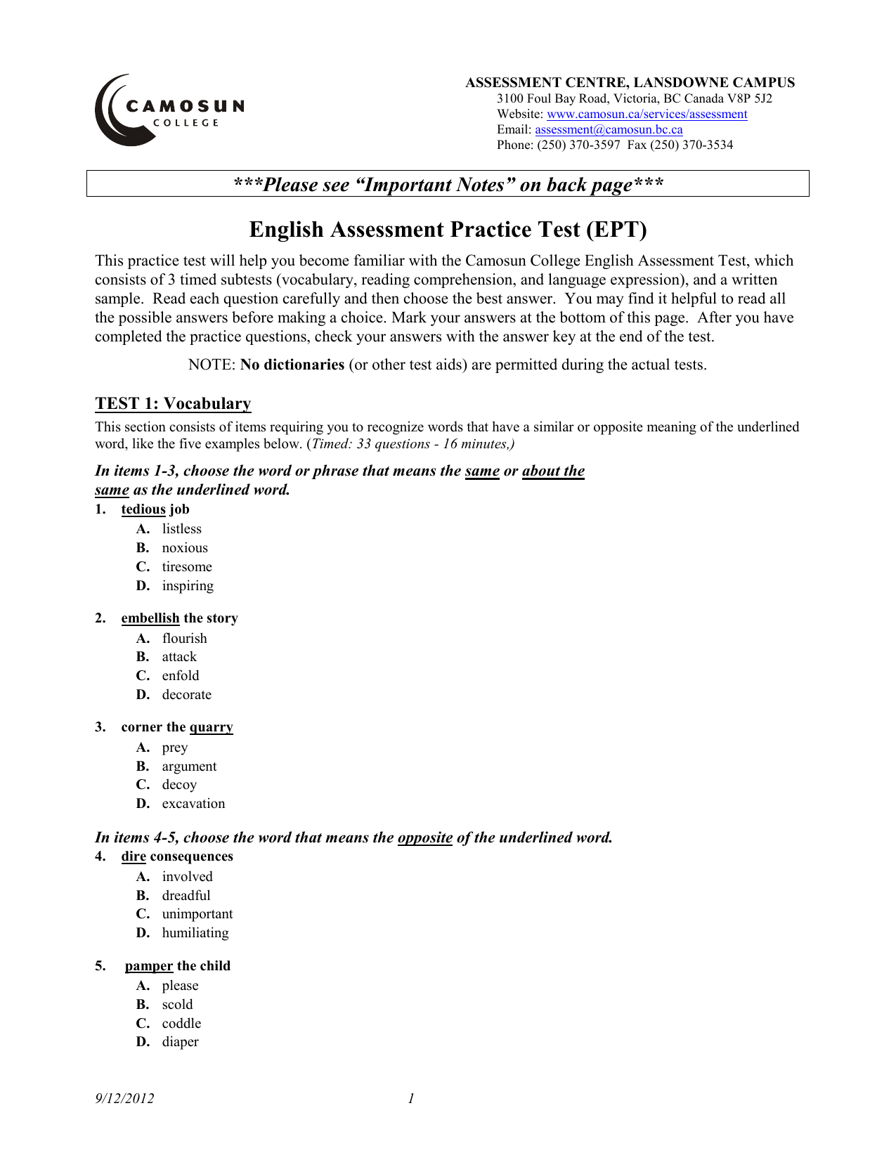 English Assessment Practice Test (EPT)