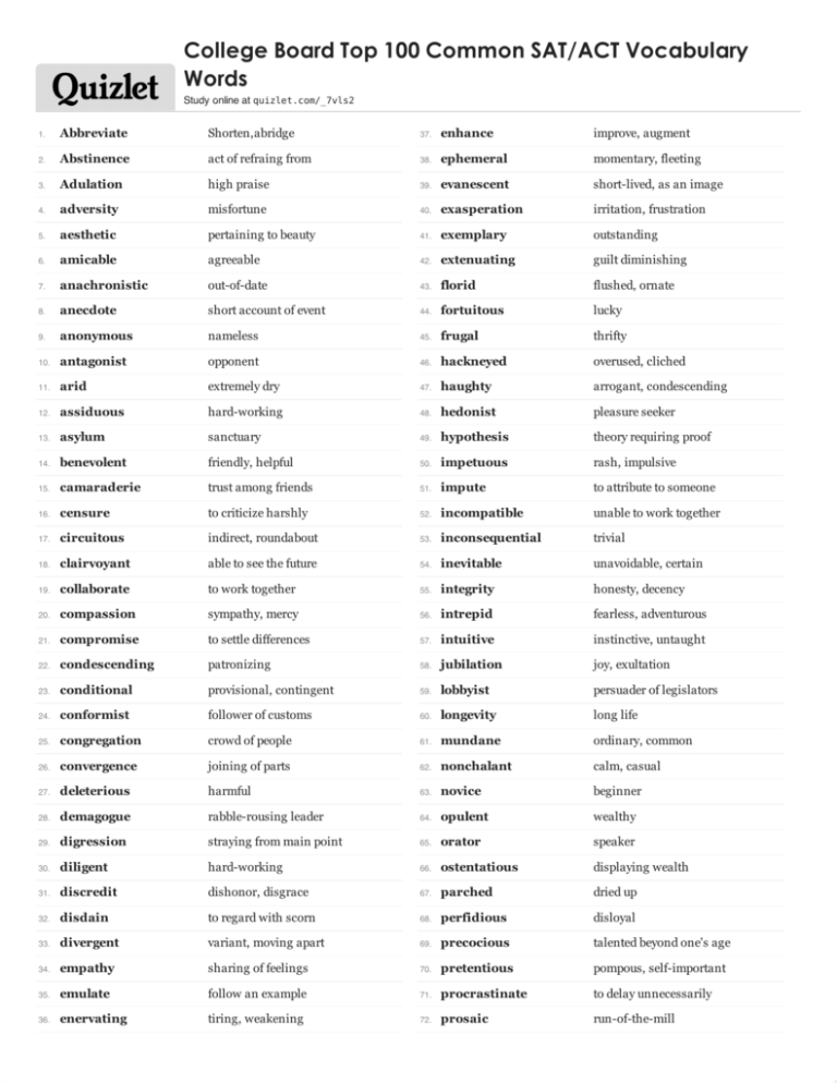 Print College Board Top 100 Common SAT ACT Vocabulary Words