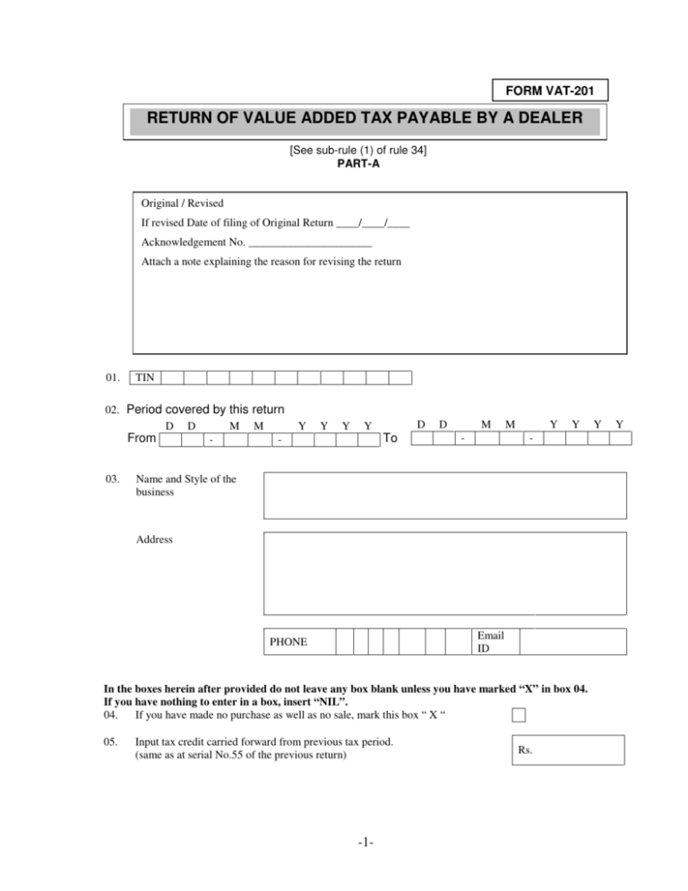 Return Of Value Added Tax Payable By A Dealer 1853