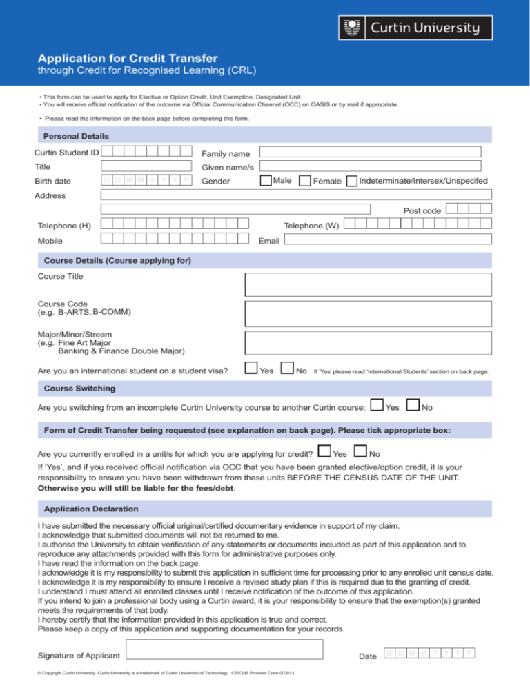 Application For Credit Transfer
