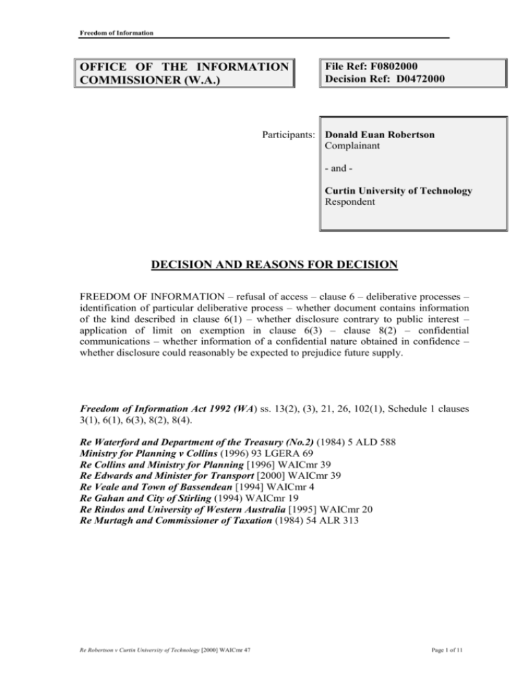 Robertson And Curtin University Of Technology Re 2000 WAICmr 47