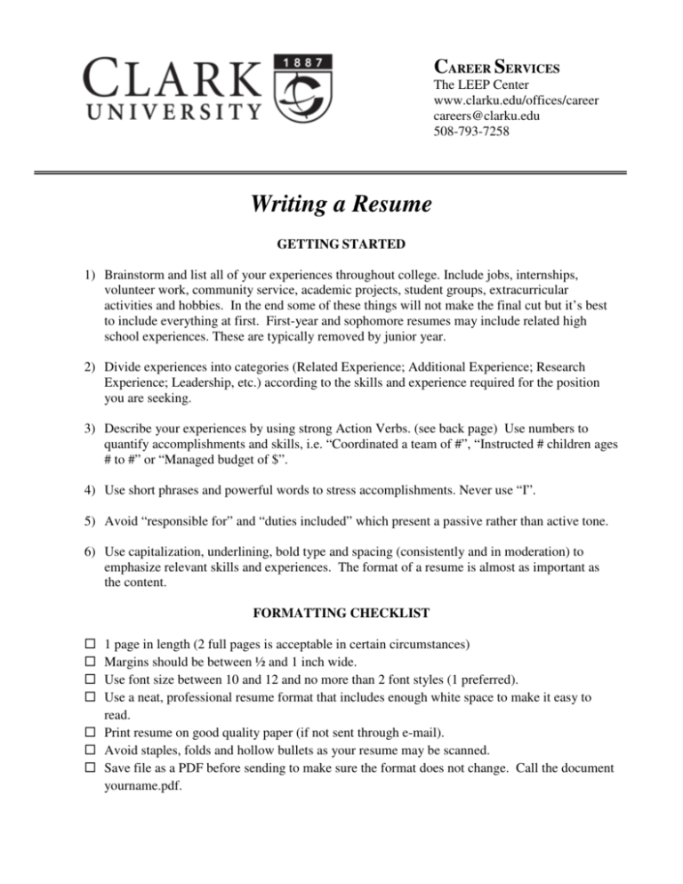 Writing a Resume Clark University