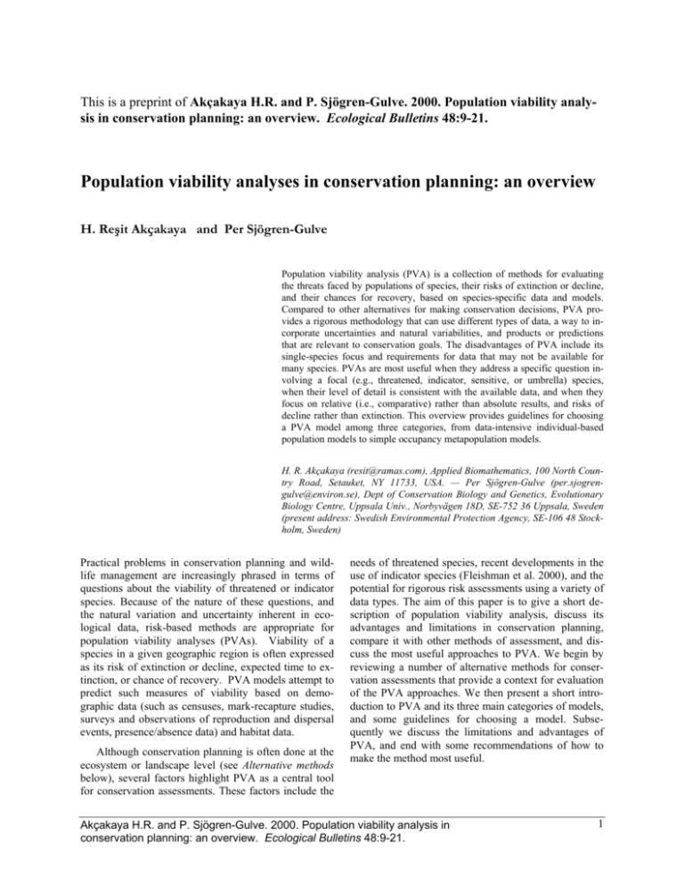 Population Viability Analyses In Conservation Planning: An