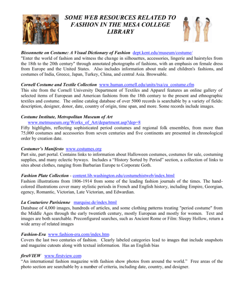 Some Web Resources Related To Fashion In The Mesa College Library