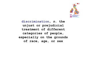 discrimination, n. the unjust or prejudicial treatment of different