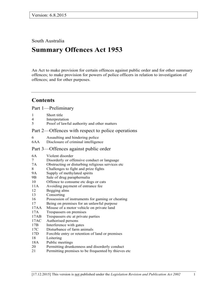 Summary Offences Act 1953 South Australian Legislation 3413