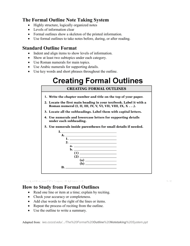 The Formal Outline Note Taking System Standard Outline Format