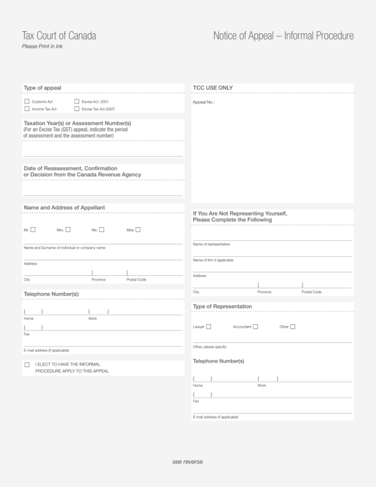 Tax Court Of Canada Notice Of Appeal Informal Procedure