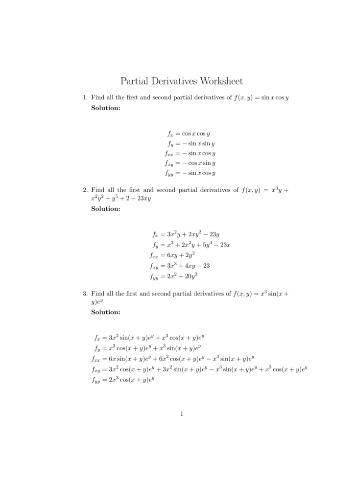 Partial Derivatives Worksheet