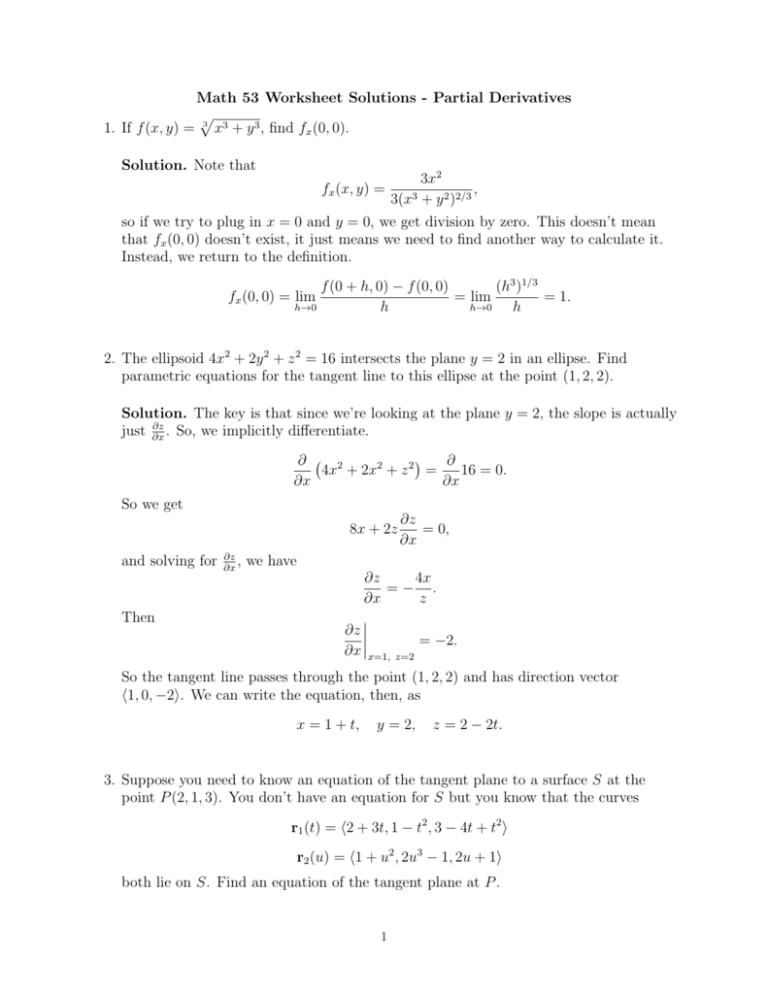 Math 53 Worksheet Solutions Partial Derivatives 1. If f(x, y) = √x3