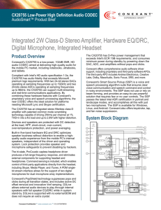Integrated 2W Class-D Stereo Amplifier, Hardware EQ/DRC, Digital