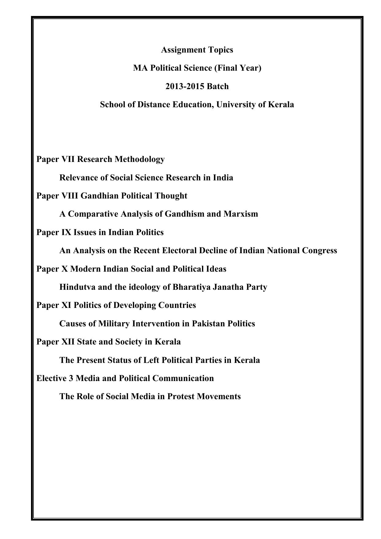 assignment topics for political science