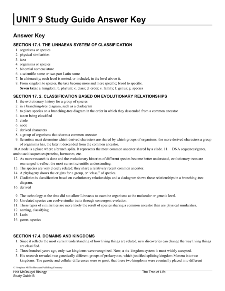 UNIT 9 Study Guide Answer Key