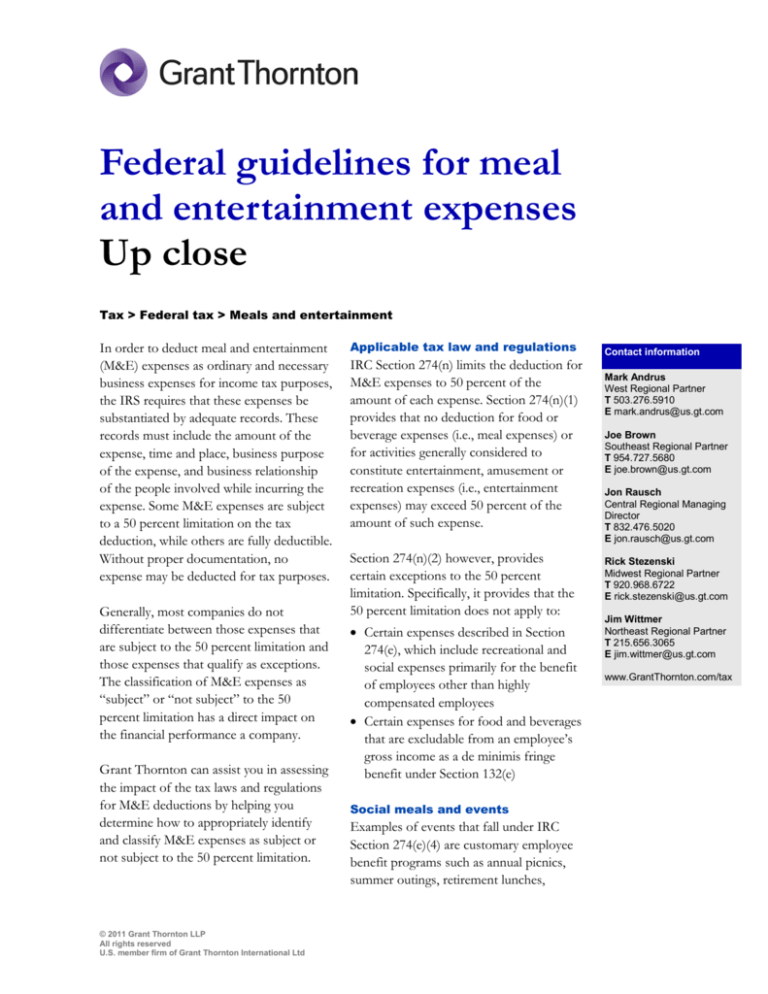 Federal guidelines for meal and entertainment