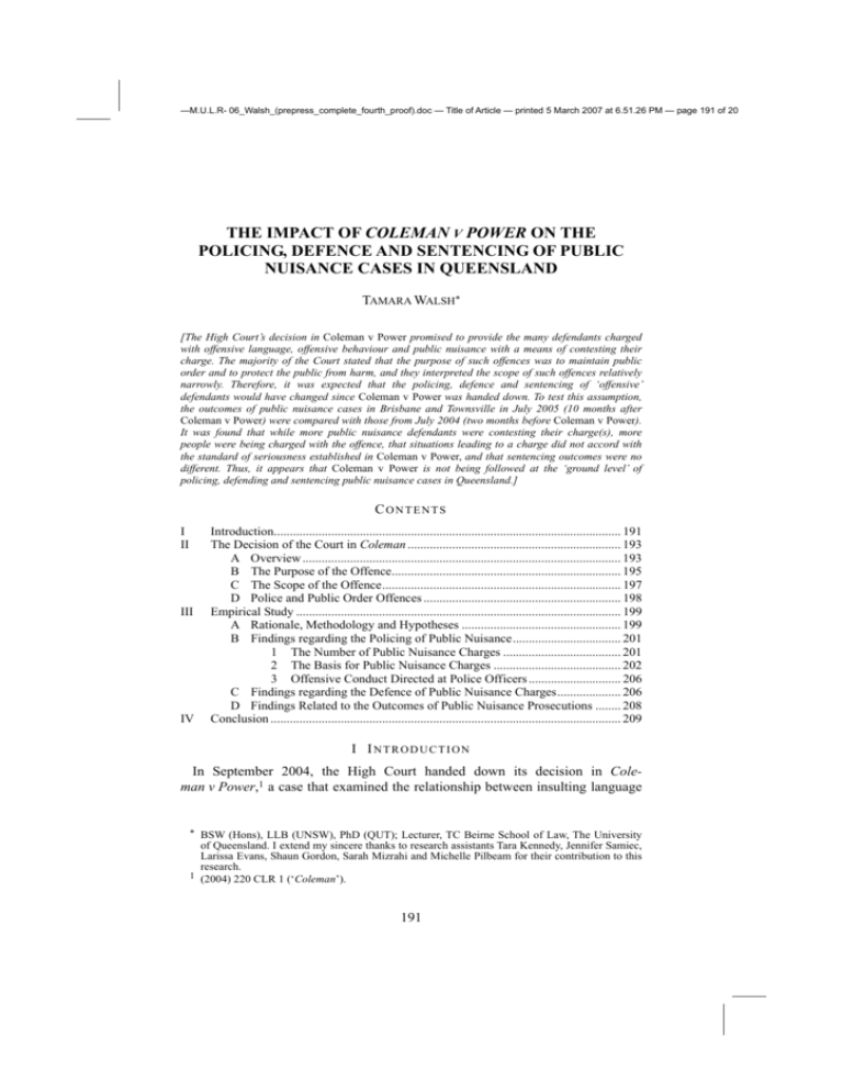 The Impact Of Coleman V Power On The Policing Defence And