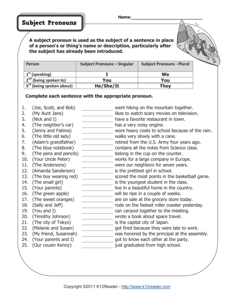 Free Worksheets On Subject Pronouns