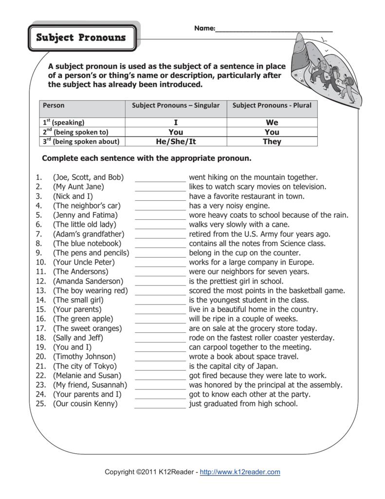 Subject Pronouns Worksheets For Second Grade