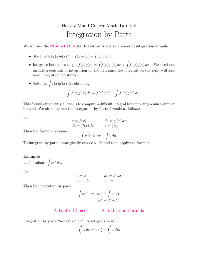 Integration By Parts Harvey Mudd College Department Of