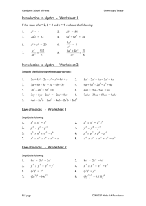 Introduction to algebra - Worksheet 1 Introduction to algebra