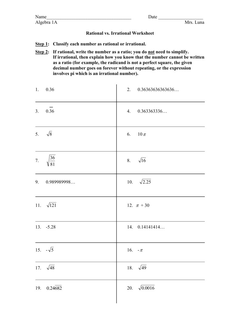 Name____________________________________ Date Algebra 22A Mrs. Luna Pertaining To Rational Irrational Numbers Worksheet
